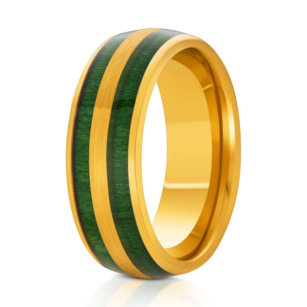 The Aspen, a 8mm gold tungsten ring with a brushed center and polished edges that features a green jade wood inlay.