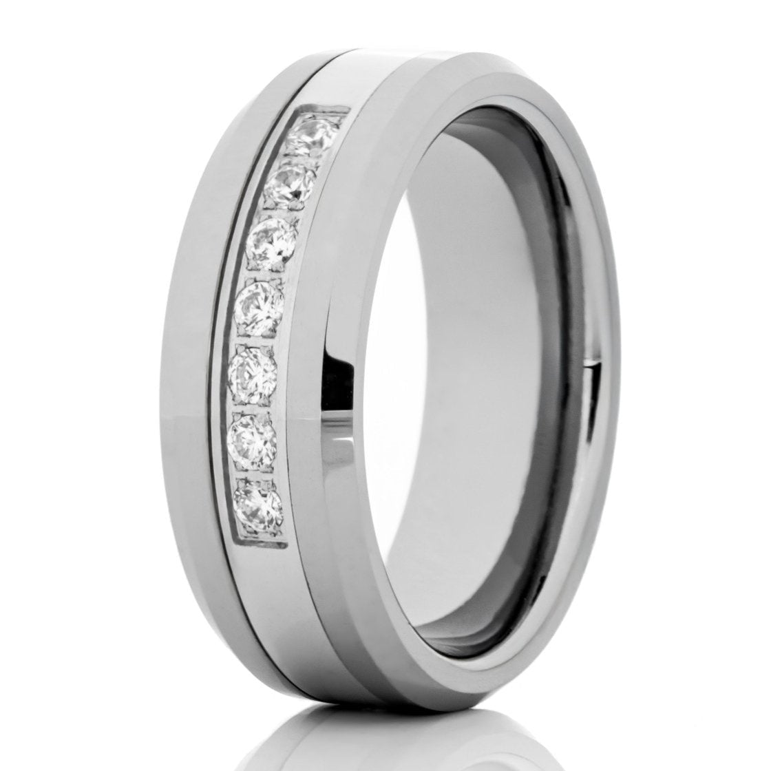 The Atlis, a silver tungsten carbide scratch-resistant ring that features a sleek, polished finish and 7 CZ diamonds.