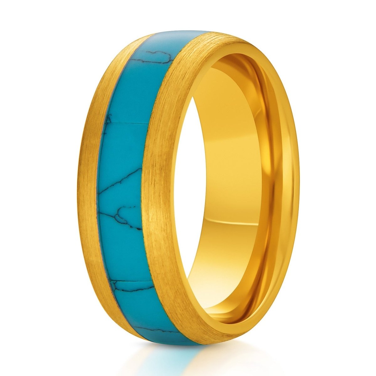 The Atmos, a 8mm domed gold tungsten ring with a brushed finish that features a blue turquoise inlay.