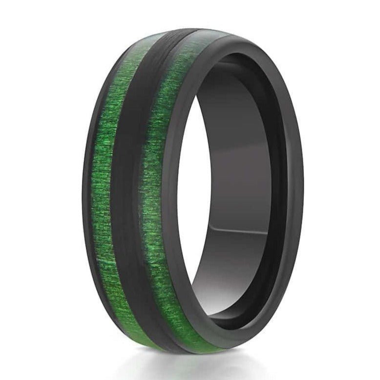 The Atnos, a black tungsten carbide ring that features a polished finish and a double green jade wood inlay.