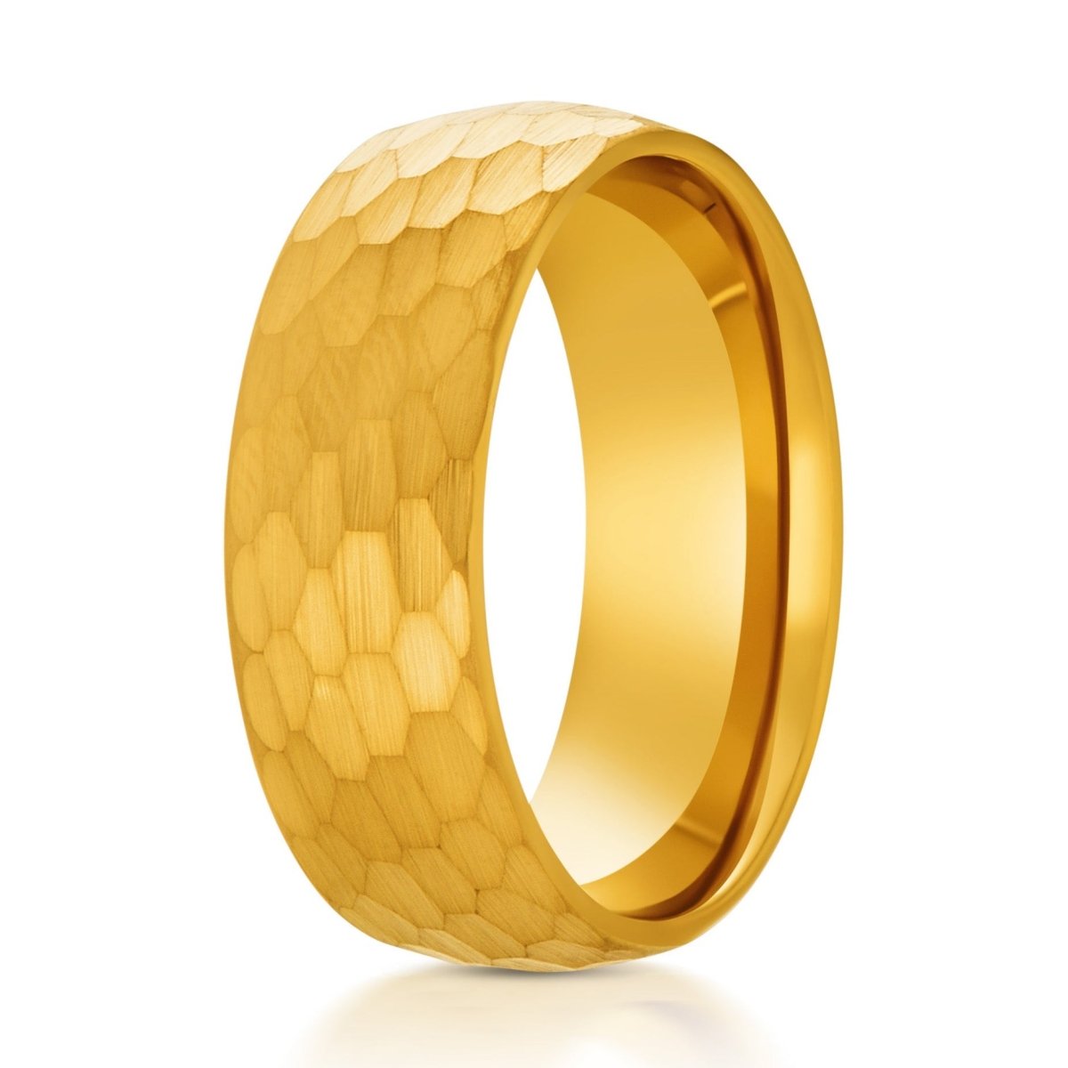 The Aurex, a 8mm gold tungsten ring with a hammered and brushed finish.