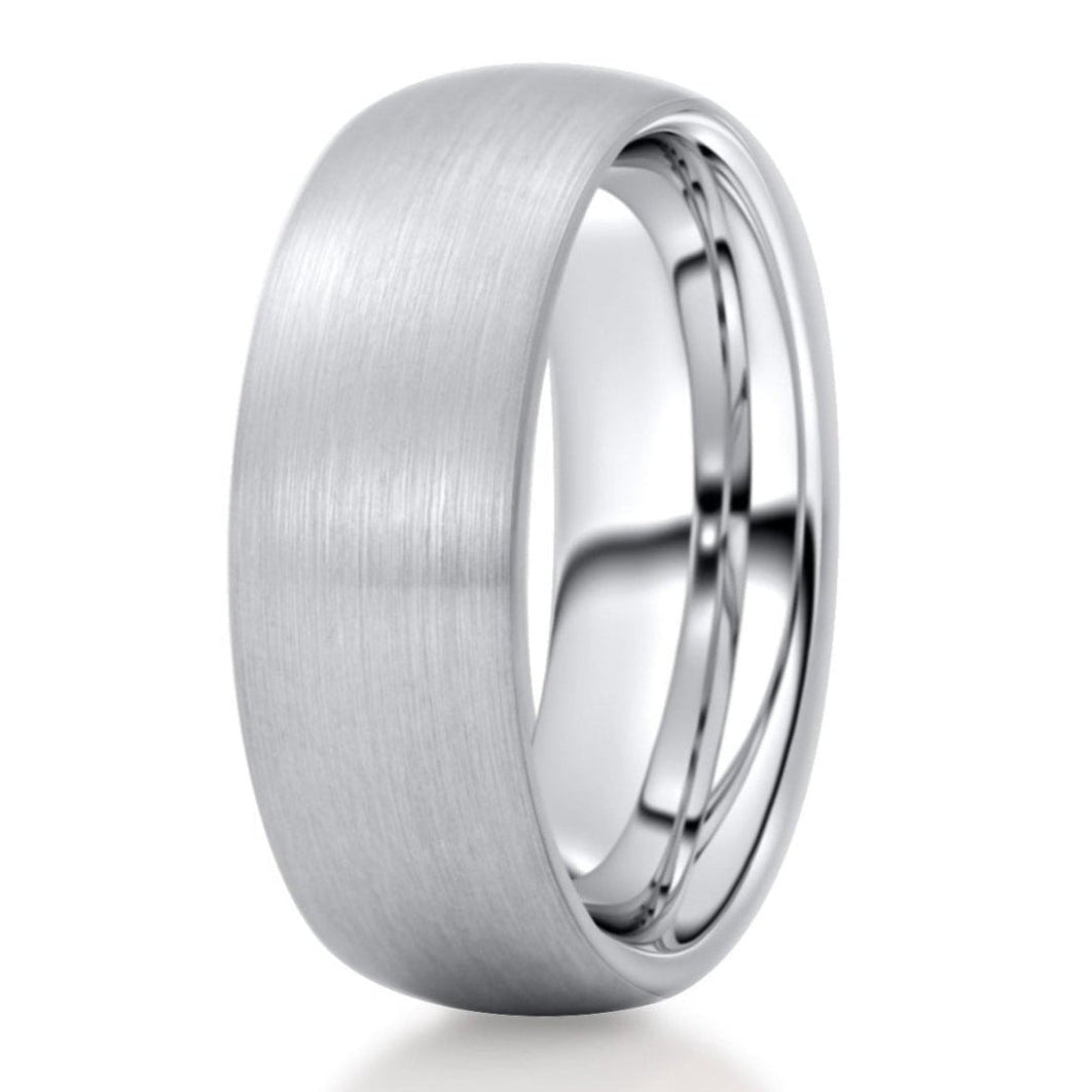 The Aurum, a silver tungsten carbide ring that features a brushed finish and bold and masculine look.