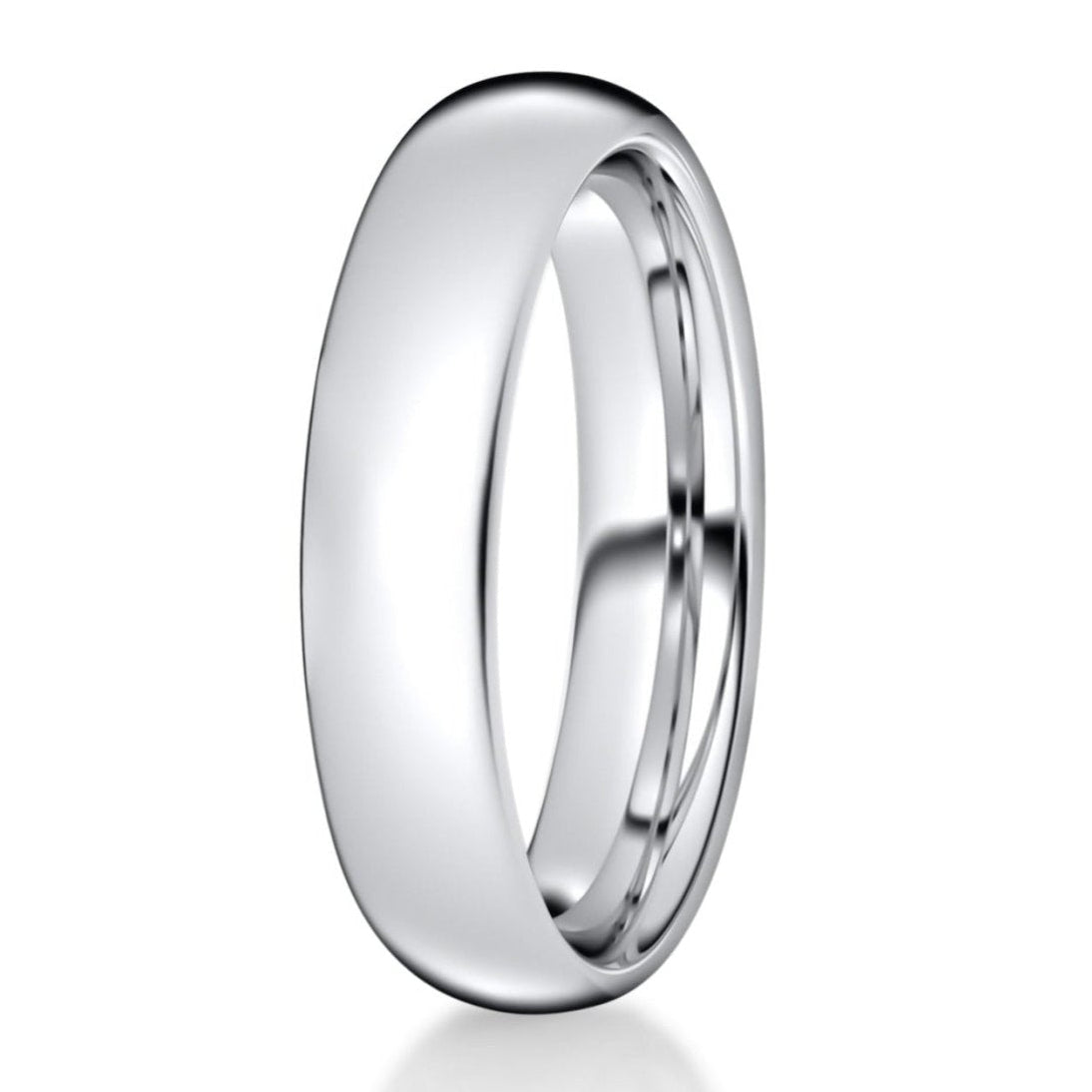 The Baller, polished thin silver tungsten wedding band or gift on white background.