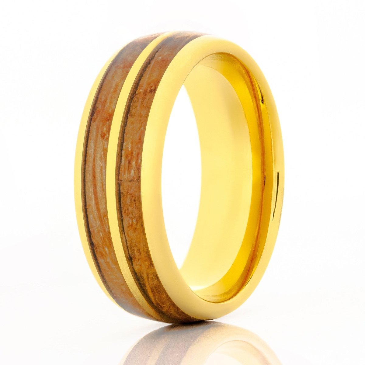 The Barley, a 8mm gold tungsten ring with a polished finish that features a double whiskey barrel wood inlay in the center.