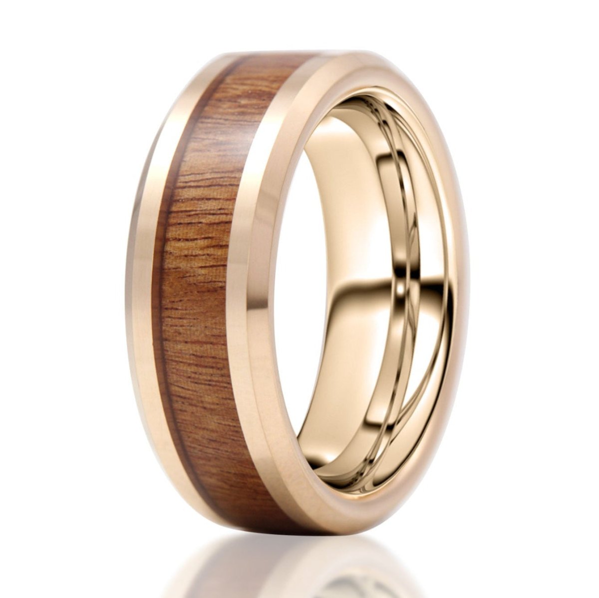 The Baron, a 8mm rose gold tungsten carbide scratch-resistant ring that features a polished finish and wood inlay.