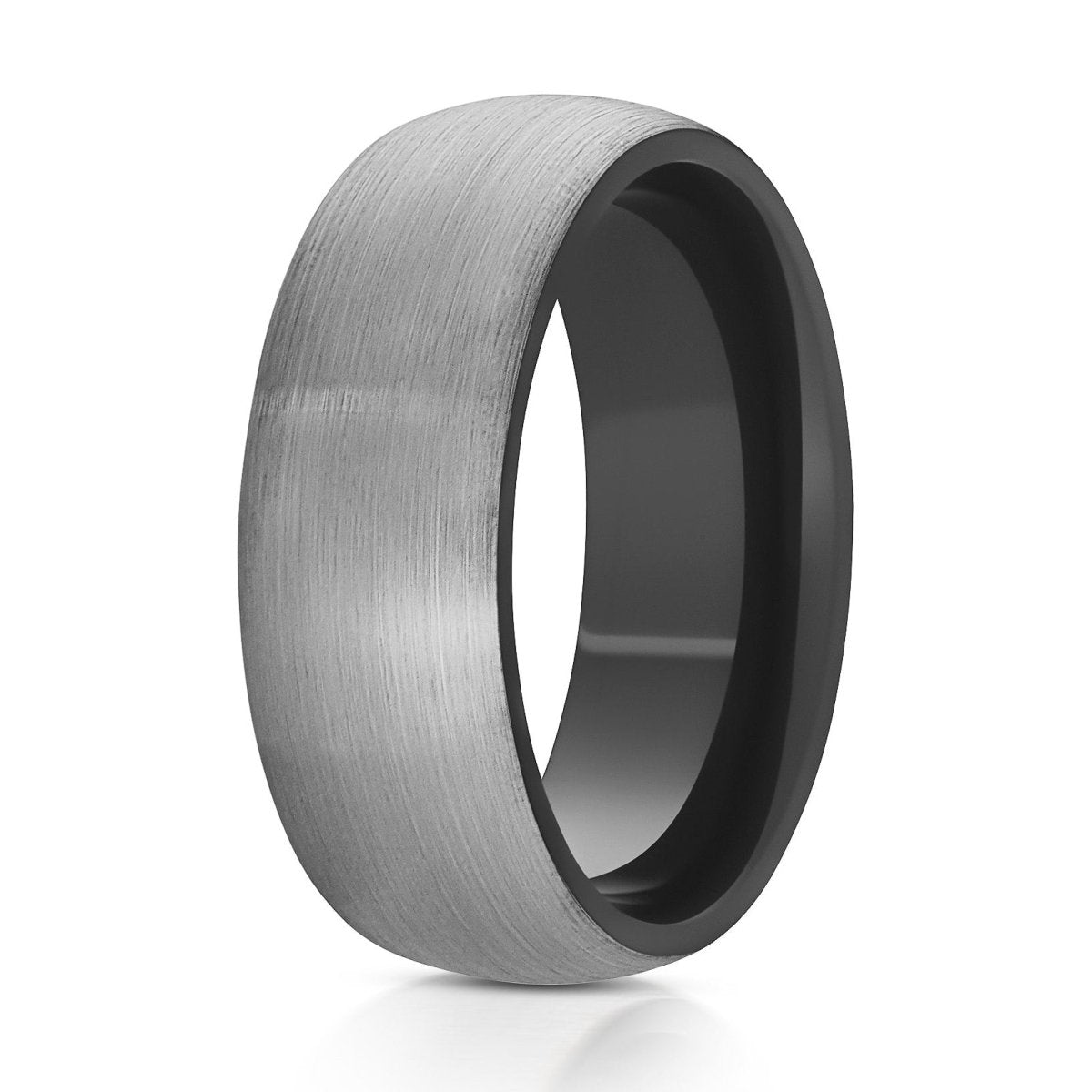 The Barricade, a 8mm gray tungsten ring with a brushed finish and a black inner band.