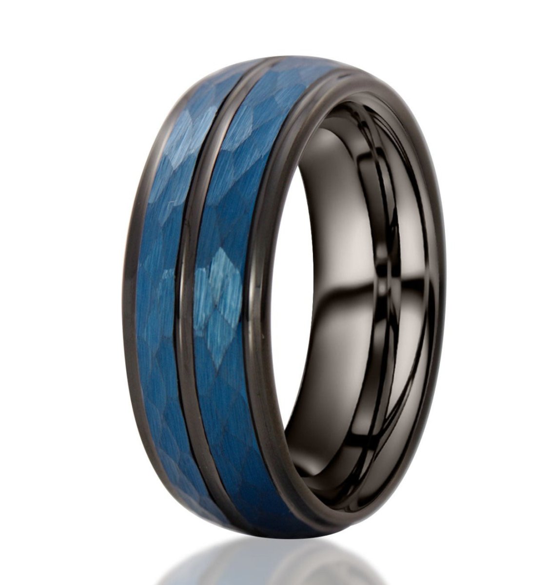 The Baxter, a black and blue tungsten carbide scratch-resistant ring with a hammered and brushed blue center and polished band and edges.