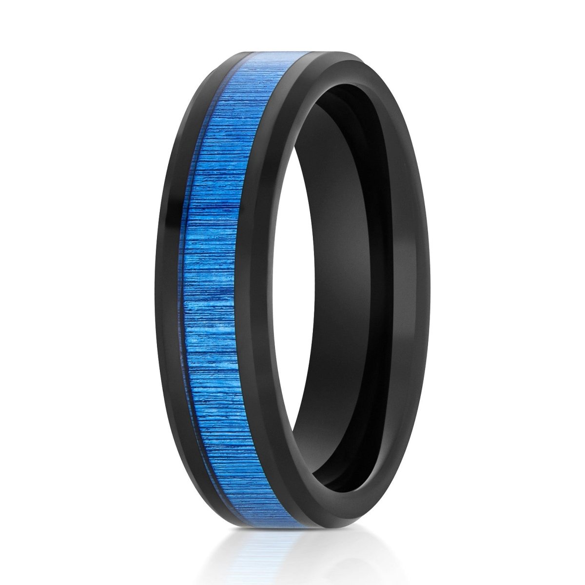 The Beam, a 6mm black tungsten ring with a polished finish that features a blue bamboo grain inlay in the center.