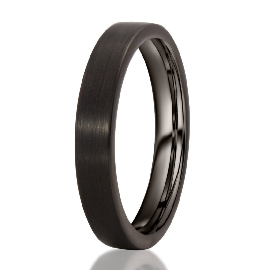 The Benicio, a 4mm black tungsten carbide scratch-resistant ring with a brushed finish and pipe cut design.