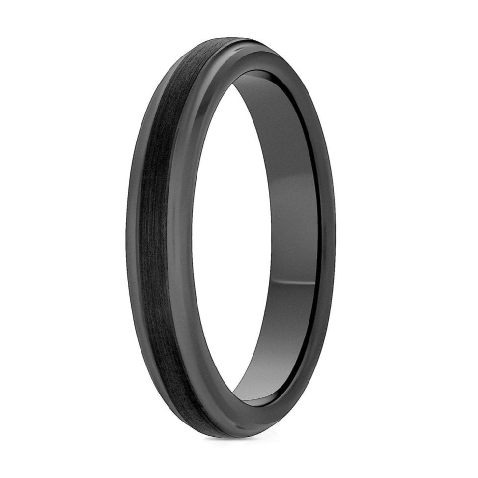 The Berkshires, a 4mm gray tungsten carbide ring that features a black, brushed center, and gray polished edges and band.