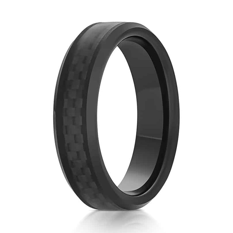 The Bexley, a 6mm black tungsten carbide ring that features a polished finish and black carbon fiber inlay.