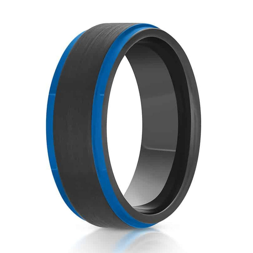 The Big Sur, a 8mm black tungsten ring with a brushed finish and sleek, polished blue edges and a black band.