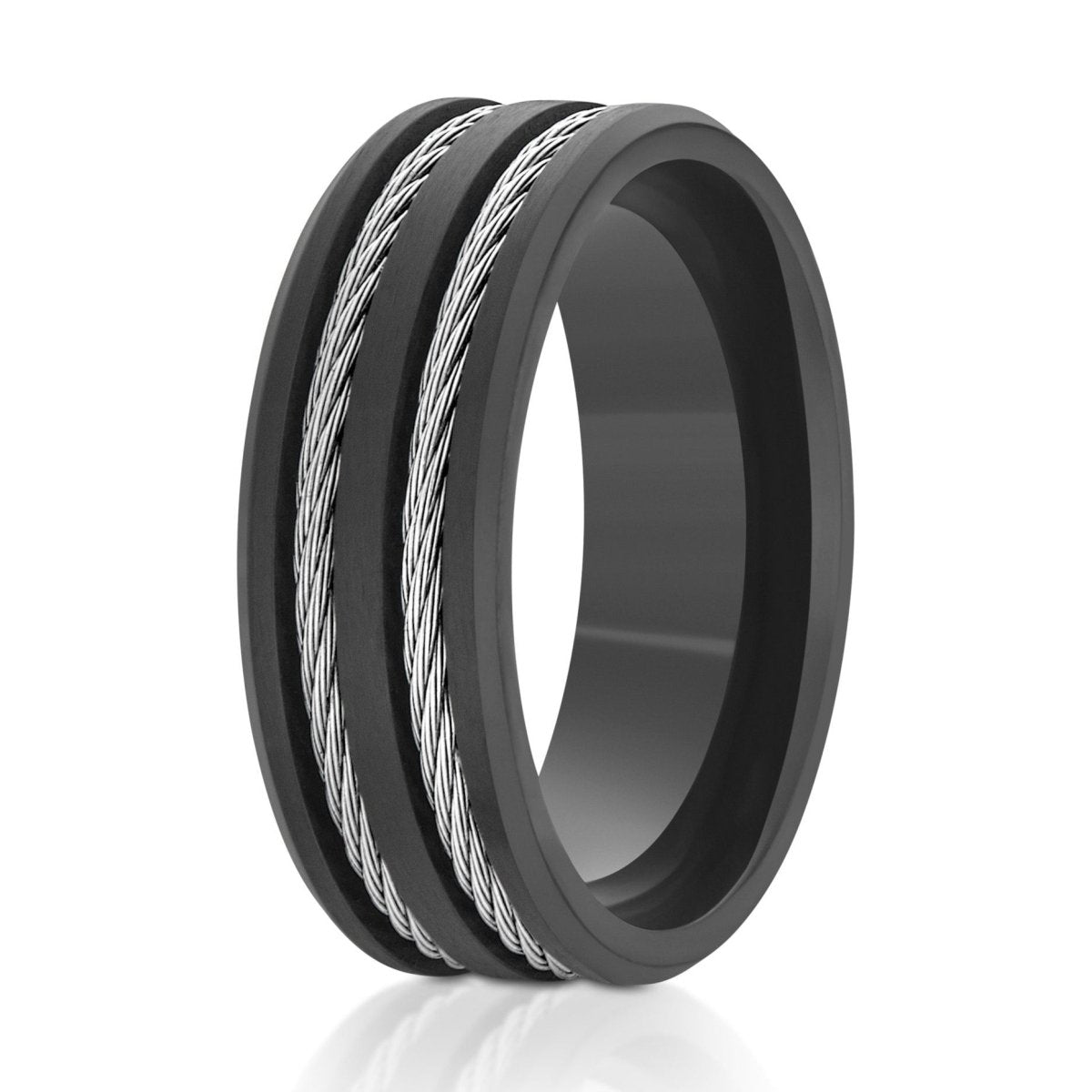 The Blackridge, a 8mm black titanium ring with a brushed center and polished beveled edges that features a double silver cable inlay.