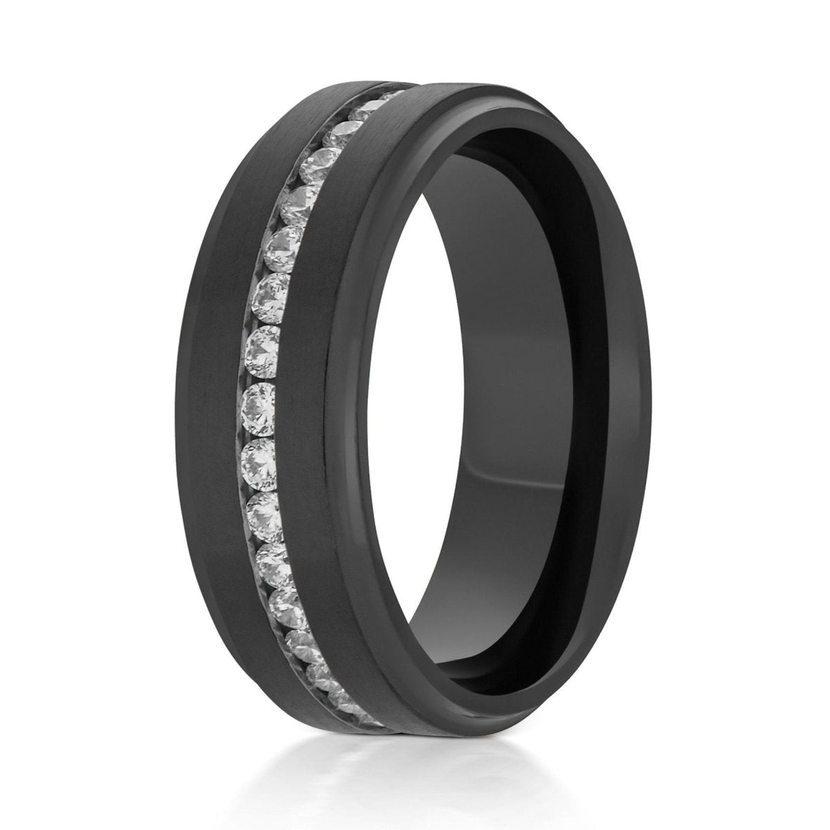 The Blackspire, a 8mm black titanium ring with a brushed center and polished edges with CZ diamonds.