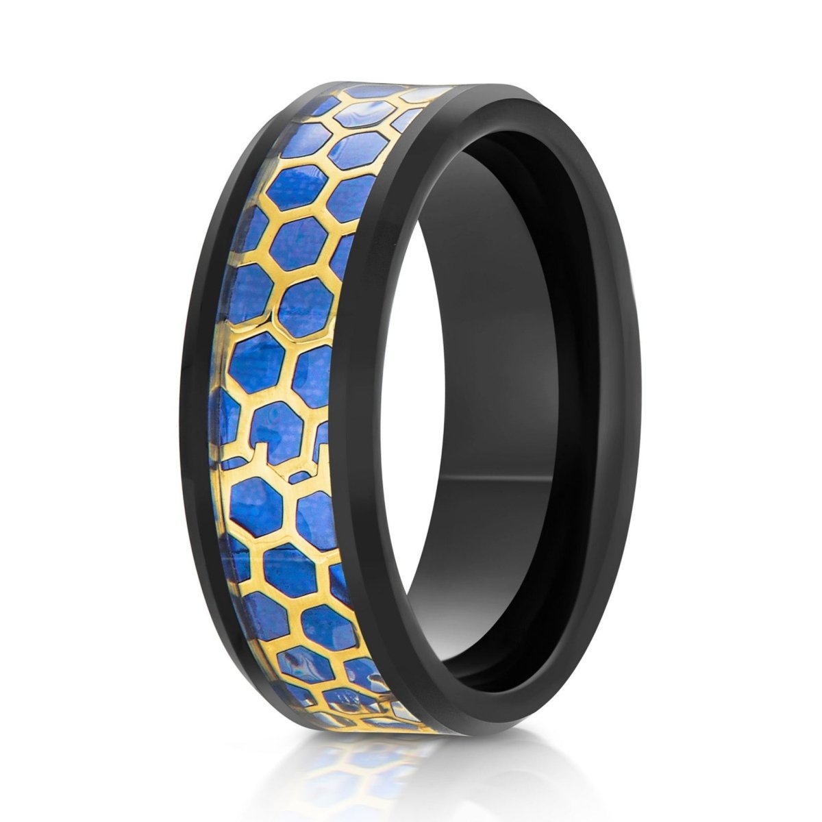 The Blue Orbit, a 8mm black tungsten ring with a polished finish and beveled edge that features a gold honeycomb cut-out over a blue opal inlay in the center.