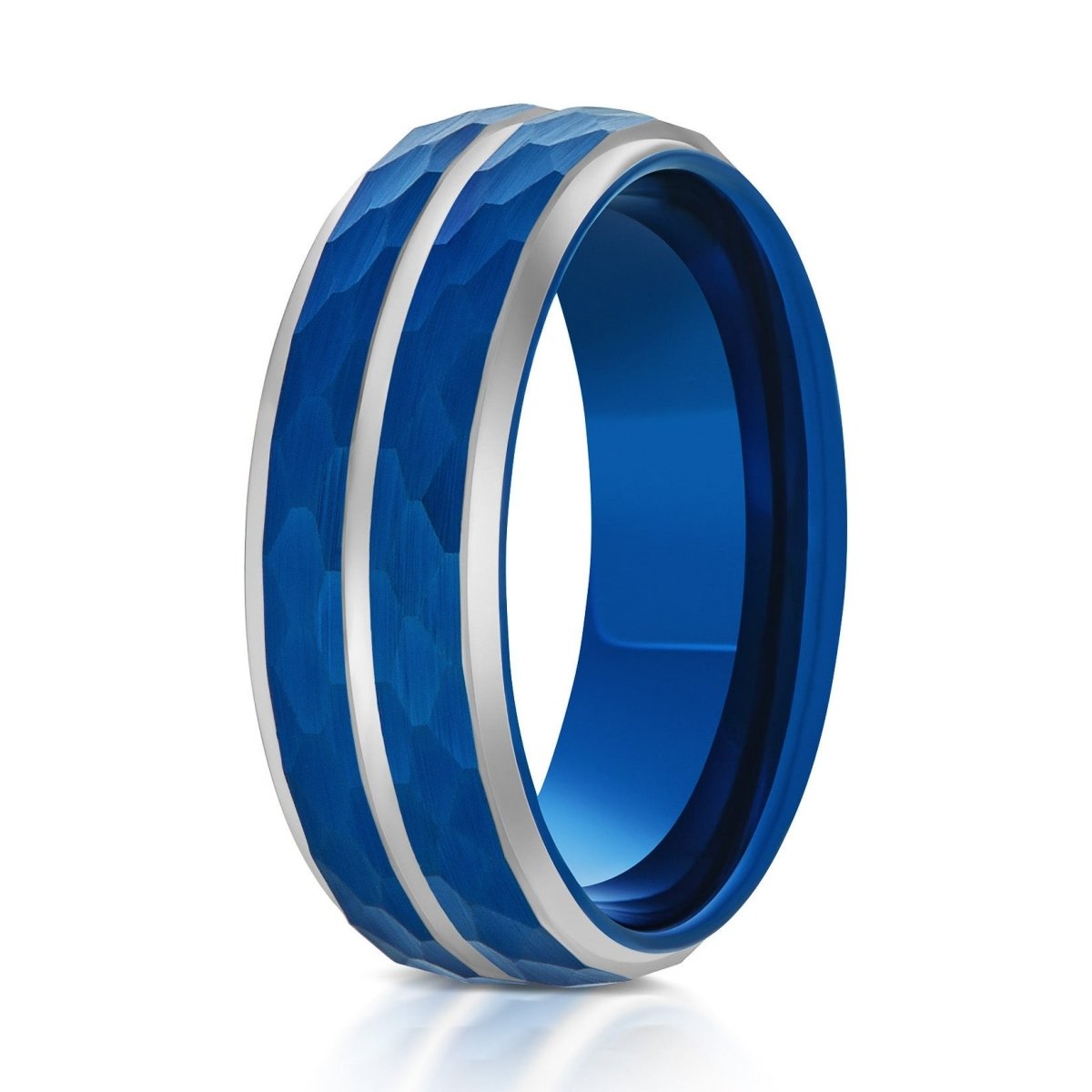 The Bluestone, a 8mm blue and silver tungsten ring with a hammered and brushed blue center with silver polished edges.