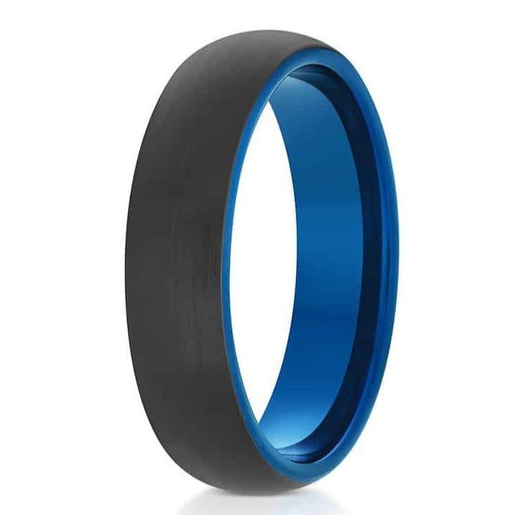 The Bold Blue, a 6mm black tungsten ring with a classic domed design, brushed finish, and a blue polished band.