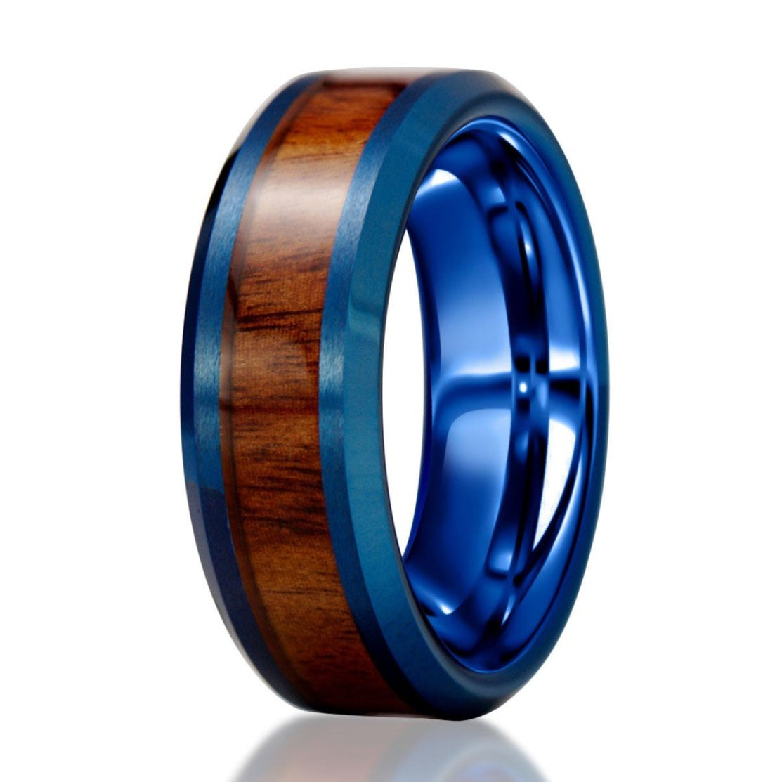 The Boss, a blue tungsten carbide scratch-resistant ring that features a Hawaiian Koa wood inlay with a brushed center and sleek, polished edges.