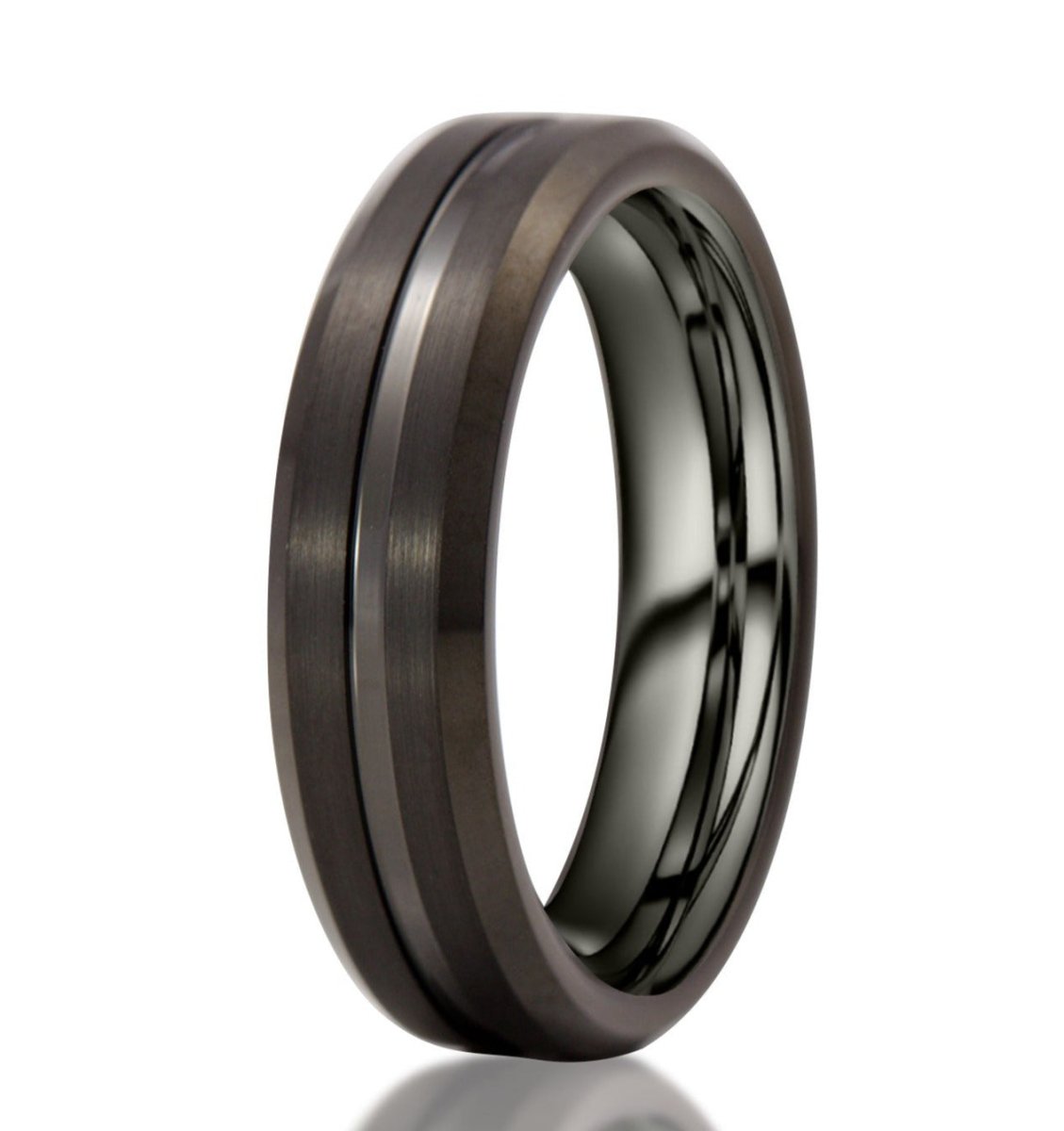 The Bozeman, a 6mm black tungsten carbide scratch-resistant ring with a brushed finish and sleek, polished edges and groove.