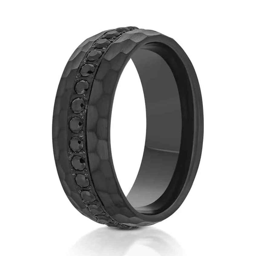 The Brant, a 8mm black tungsten carbide ring that features a hammered and brushed finish and black CZ diamonds in the center.
