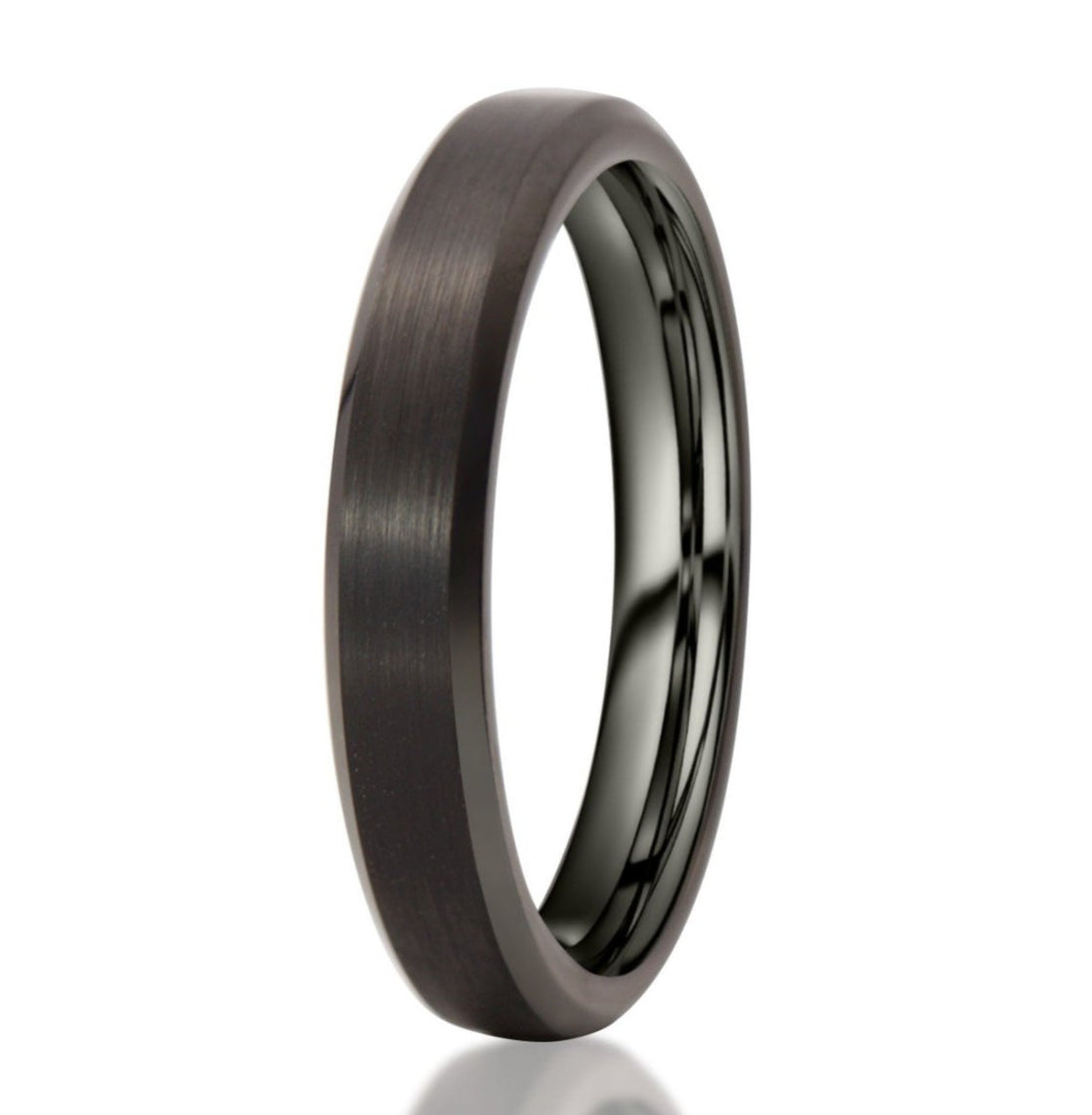 The Brazos, a 4mm black tungsten carbide ring that features a brushed center and sleek, polished edges.