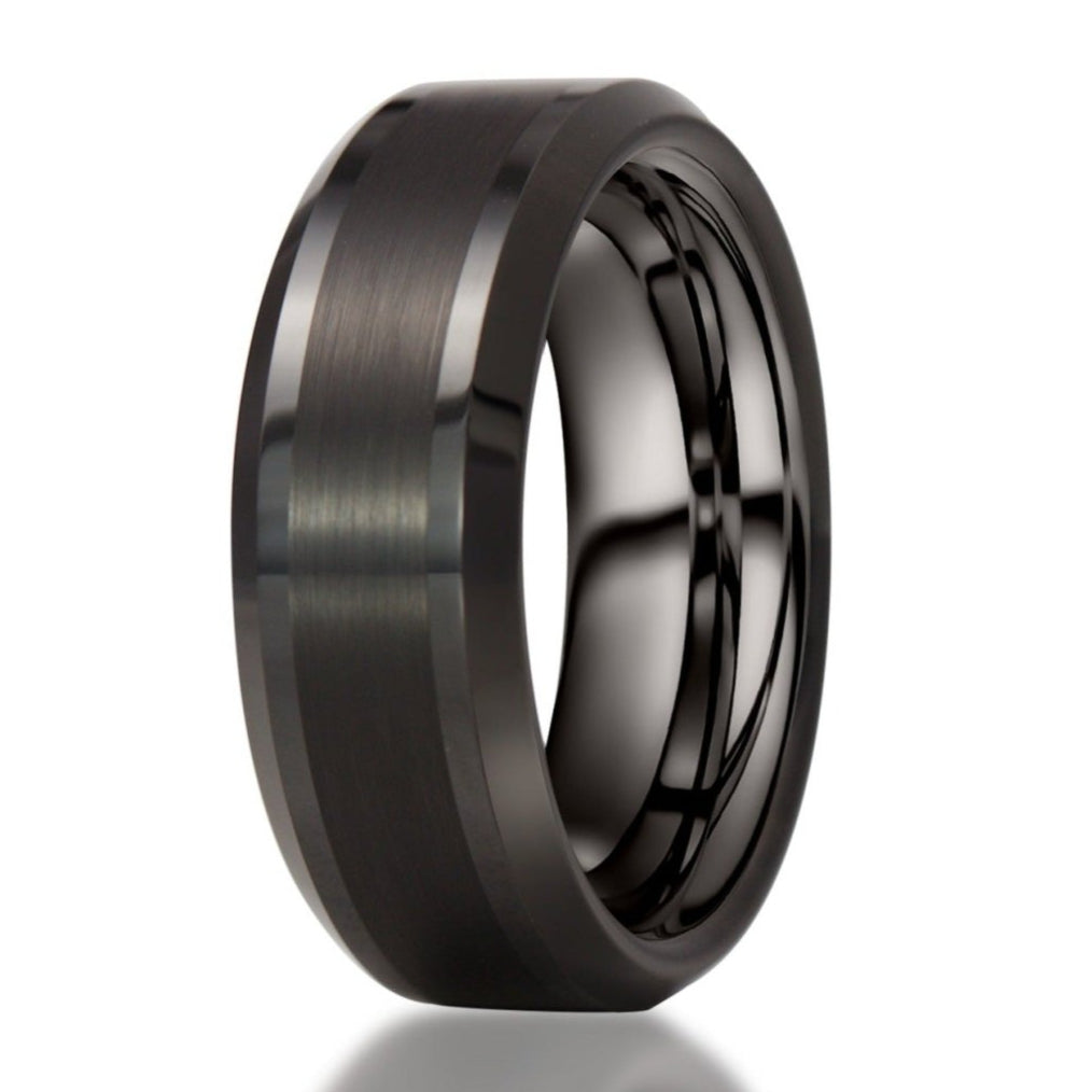 The Brilliant, a black tungsten carbide scratch-resistant ring with a brushed center and sleek, polished edges.