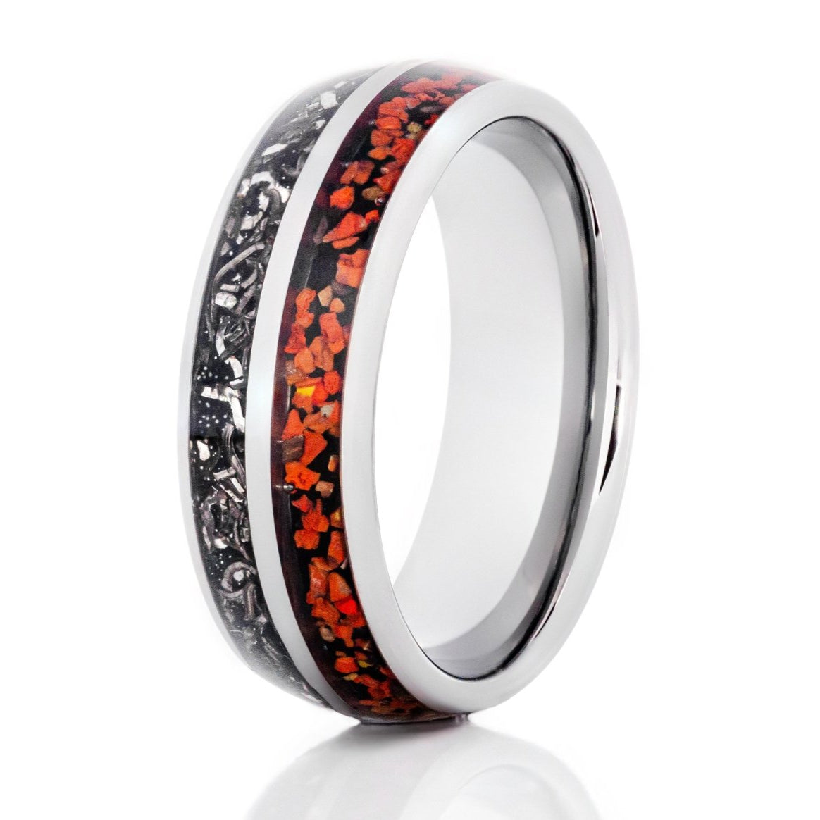 The Brontosaurus, a silver tungsten scratch resistant ring with a polished finish that features meteorite and dinosaur bone fragments inlay.
