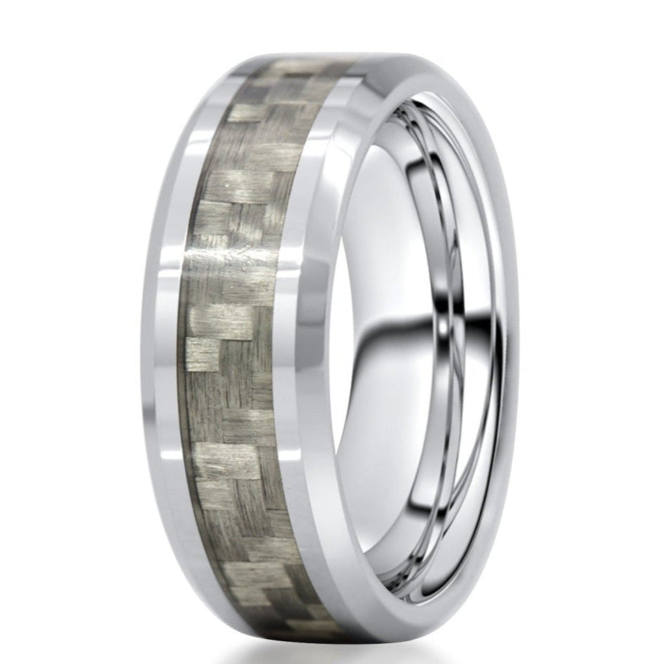 The Buckshot, a silver tungsten carbide ring with a polished finish that features a gray carbon fiber inlay.