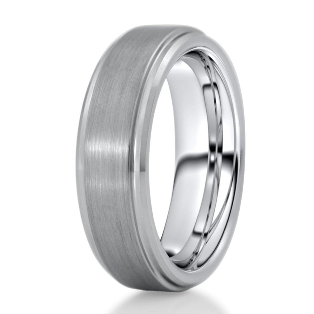 The Cabot, a silver tungsten carbide ring features a brushed finish center with polished edges.