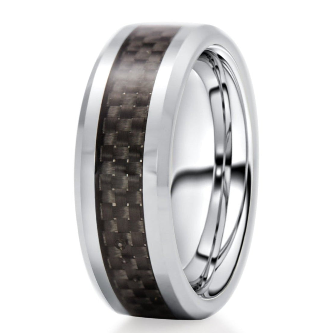 The Carbon, a silver tungsten carbide ring with a polished finish that features a black carbon fiber inlay.