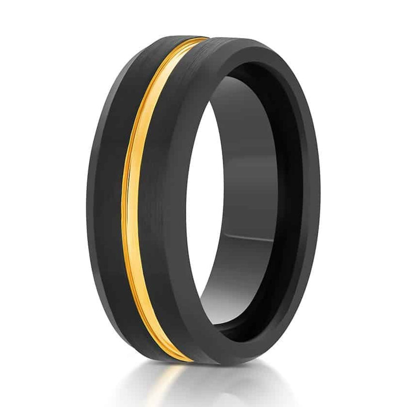 The Centurion, a 8mm black tungsten carbide ring with a brushed center and polished edges that features a gold polished groove.