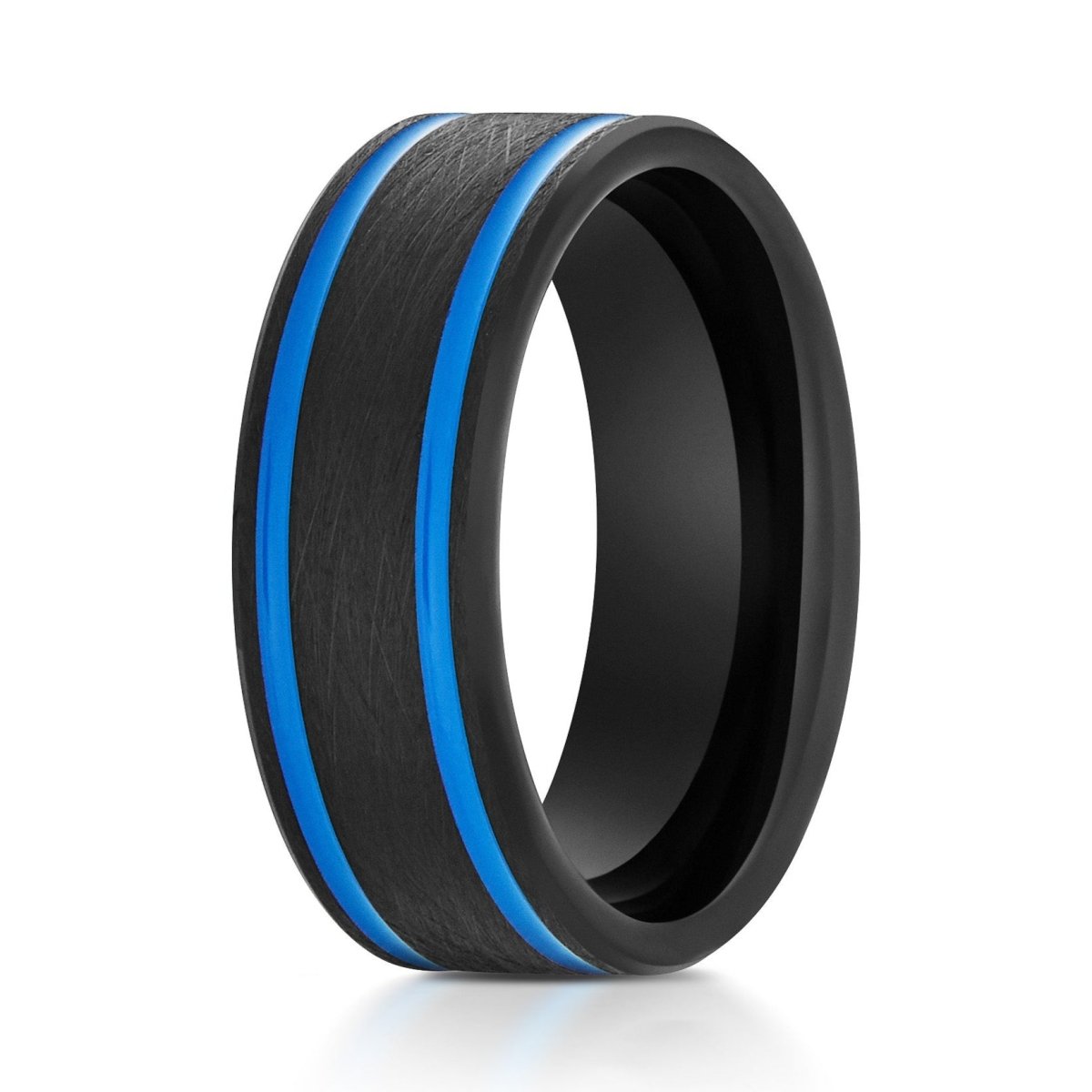 The Cerulean, a 8mm black tungsten ring with a wire brushed finish and 2 blue off center grooves.