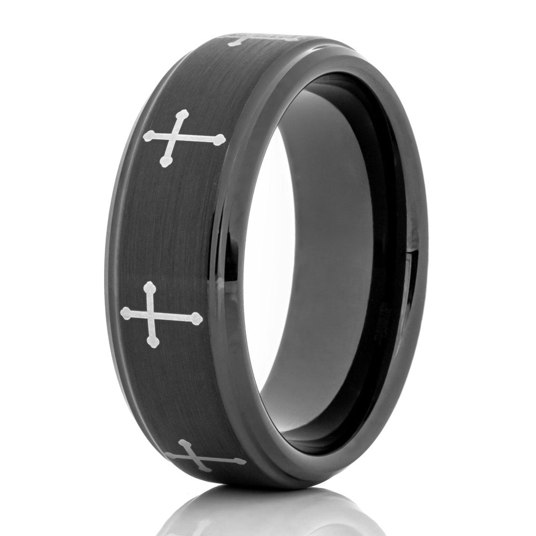 The Chatfield, a black tungsten carbide ring with a brushed center and polished edges that features silver engraved crosses.