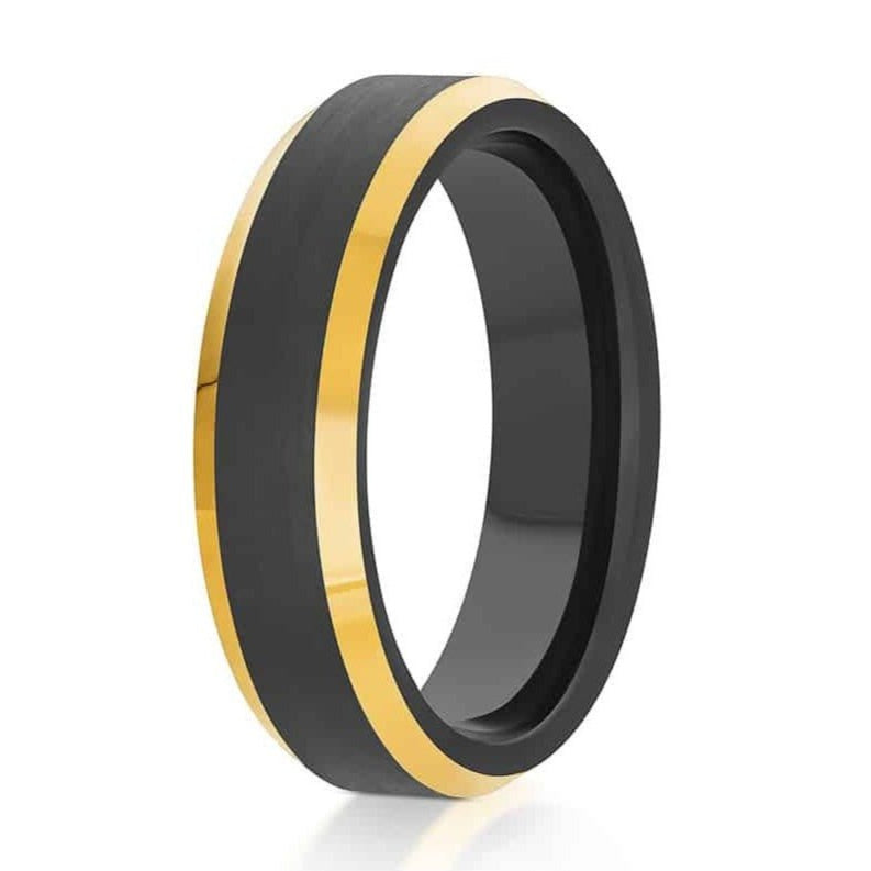 The Cibola, a 6mm black tungsten ring with a brushed finish that features a gold, polished beveled edge.