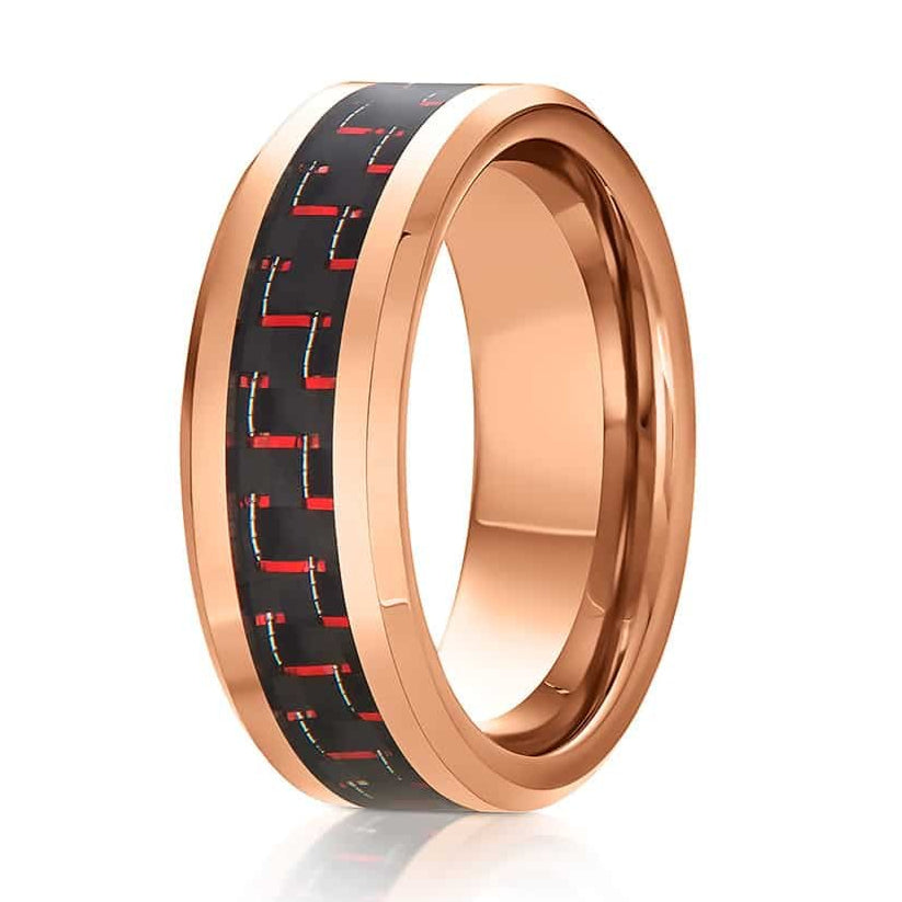 The Cincinnati, a rose gold tungsten ring that features a sleek, polished finish and a black and red carbon fiber inlay