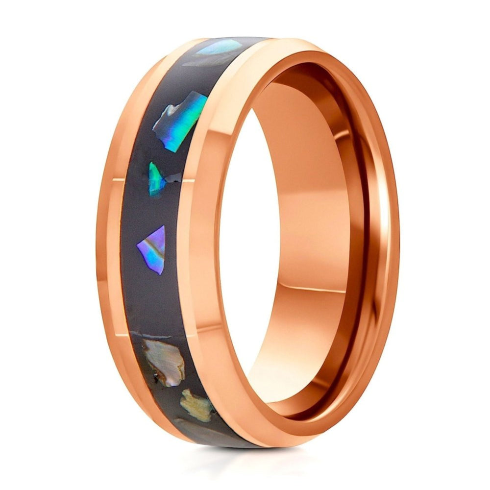 The Cinnamon, a rose gold tungsten carbide ring that features a polished finish and a black resin and abalone inlay center.