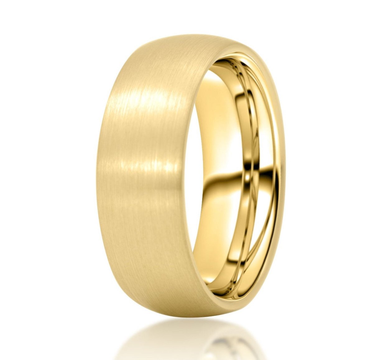 The Classic Gold, a gold tungsten carbide ring with a brushed finish and the classic domed shape.