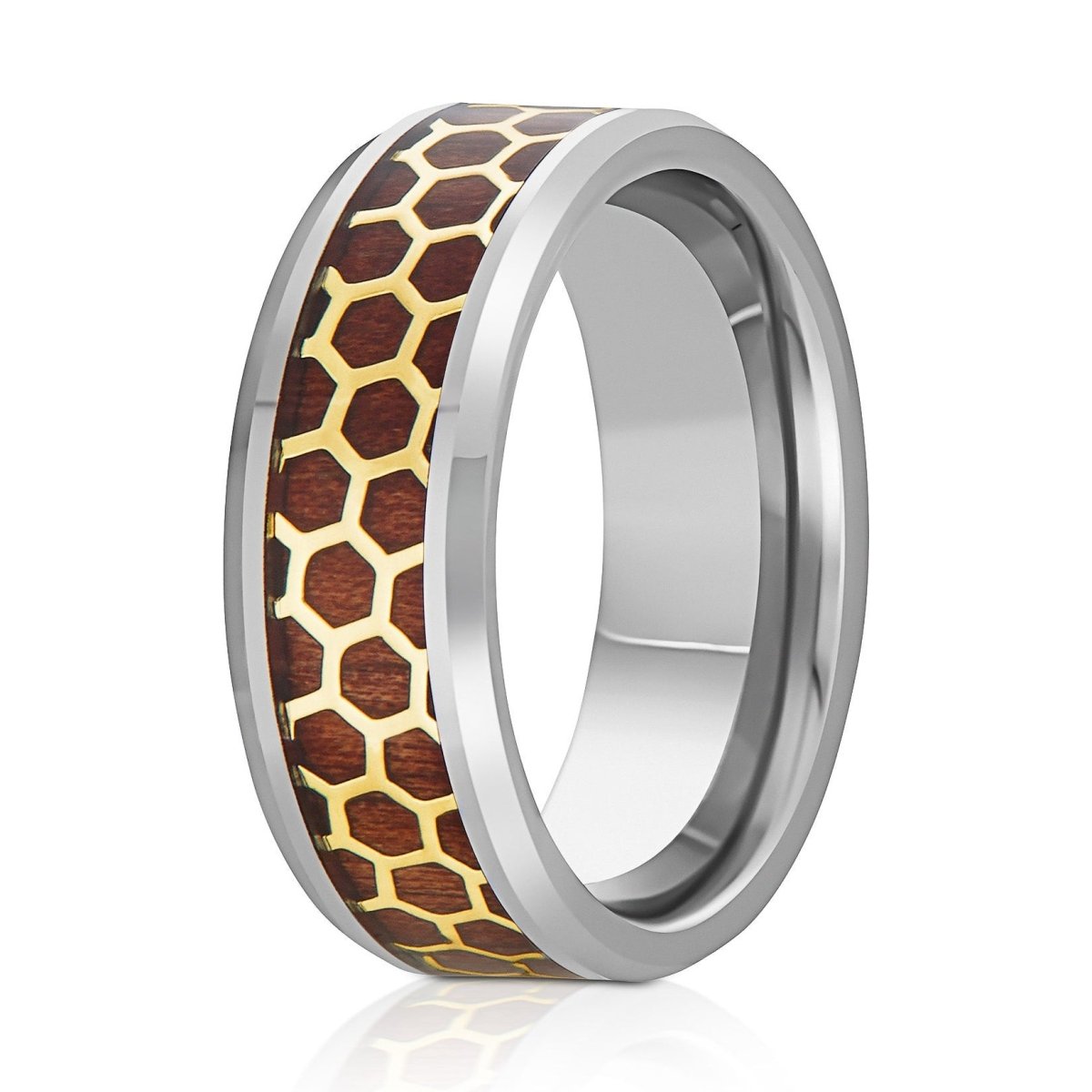 The Colony, a 8mm silver tungsten ring with a polished finish and beveled edge that features a gold honeycomb cut-out over a rosewood inlay in the center.
