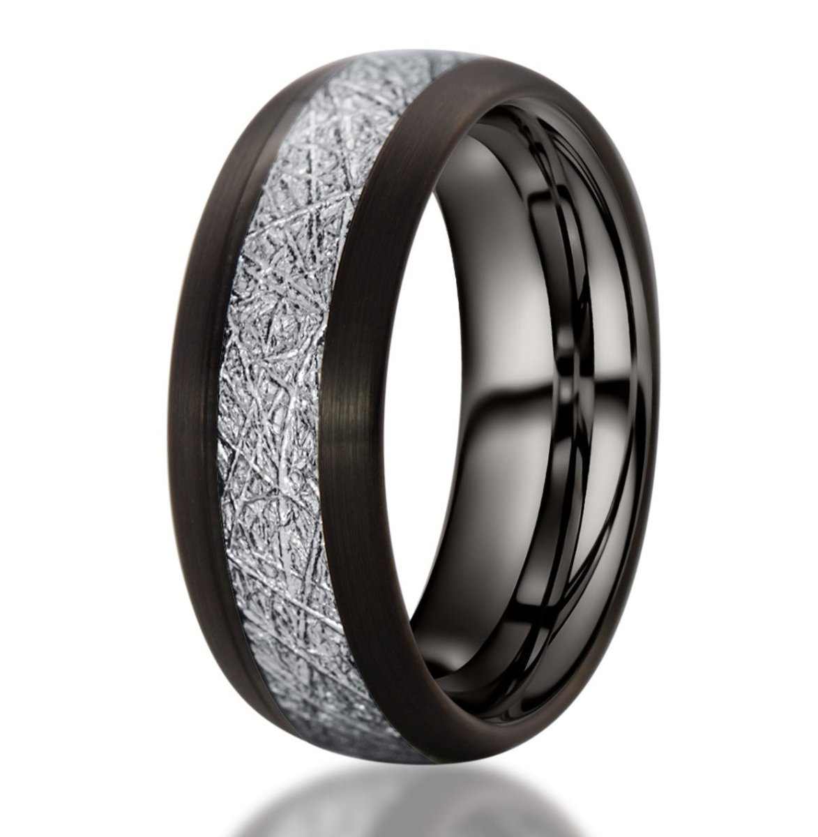 The Comedian, a black tungsten ring with a polished finish that features a silver meteorite inlay.