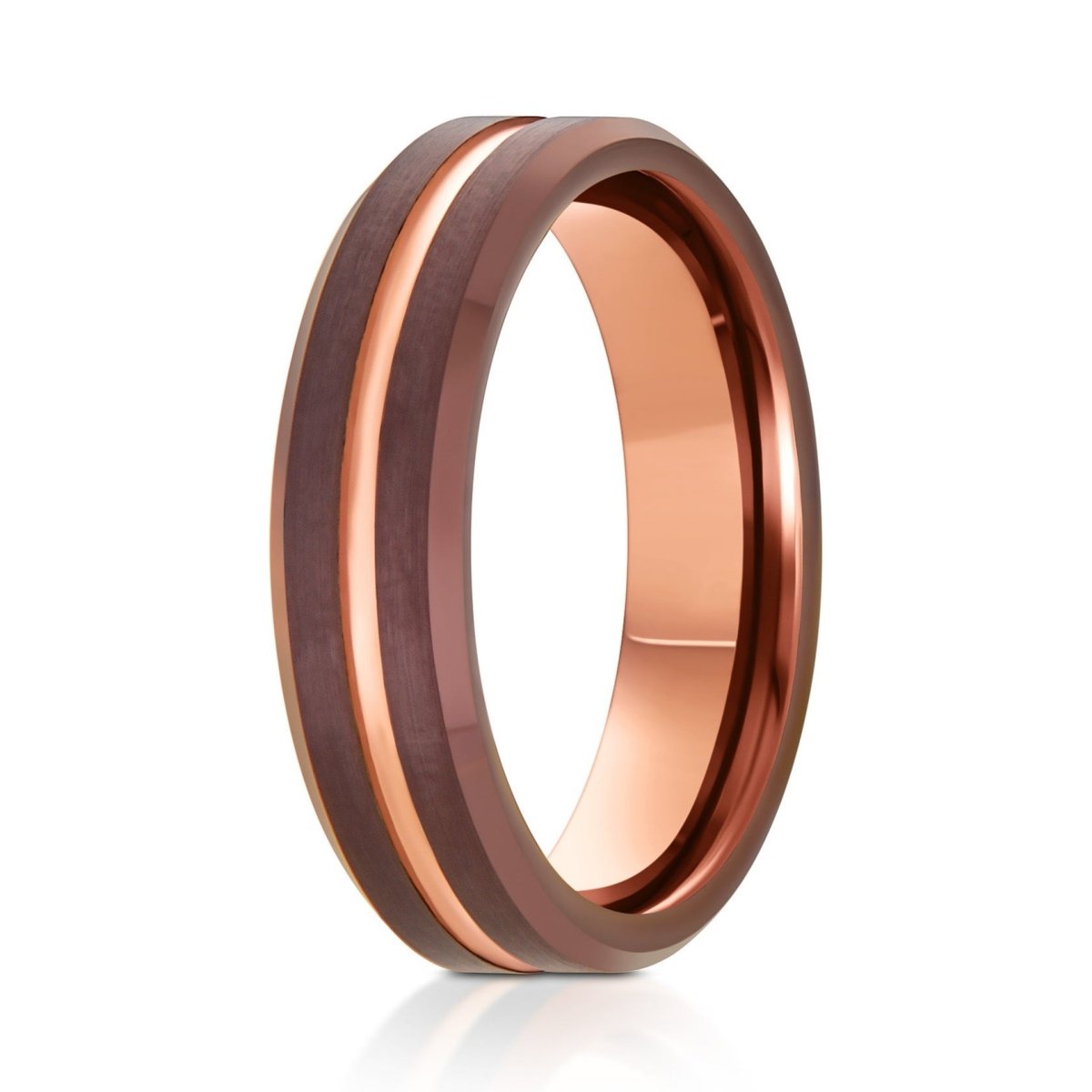 The Copper Ridge, a 6mm brown tungsten ring with a brushed center and polished edges that feature a rose gold polished grooved center and a rose gold inner band.