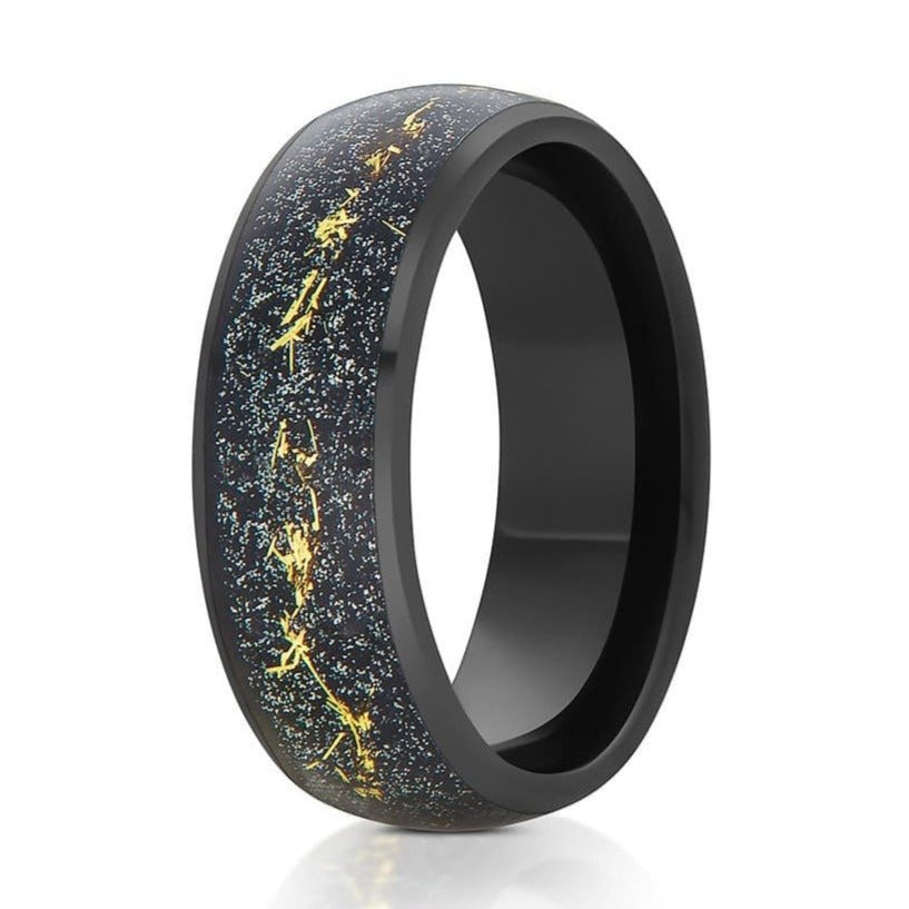 The Corcovado, a 8mm black tungsten carbide ring that features a sleek, polished finish and a gold and black meteorite inlay.