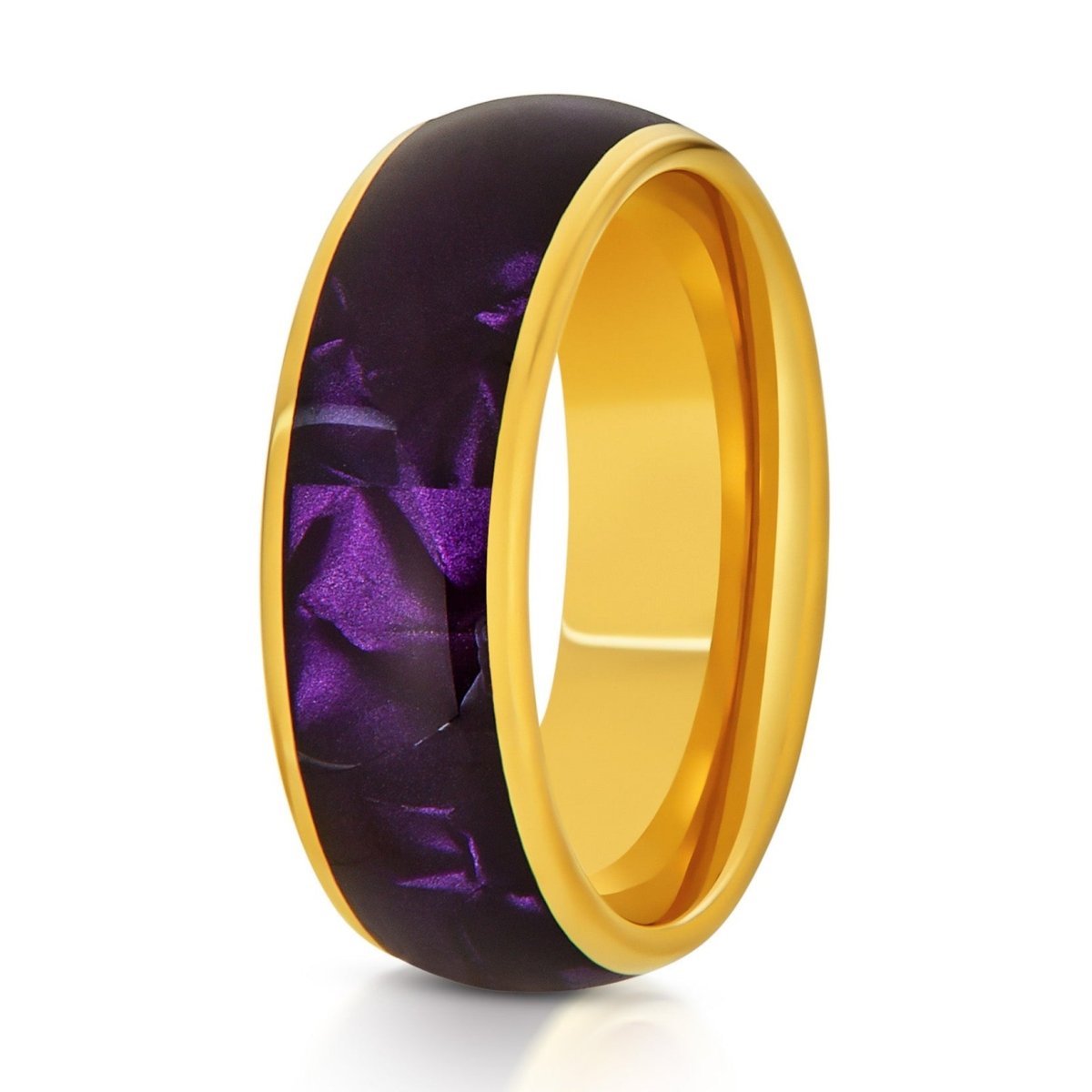 The Corvane, a 8mm gold tungsten ring with a polished finish and purple cowrie inlay.