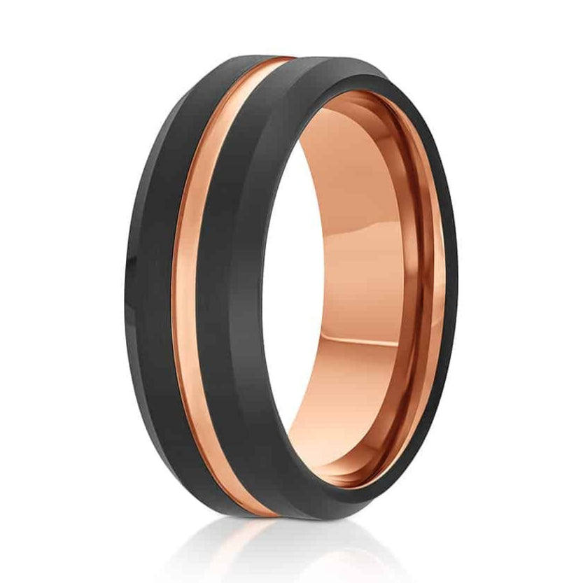 The Corwin, a black tungsten carbide ring with a brushed center and polished edges that features a polished rose gold groove and band.