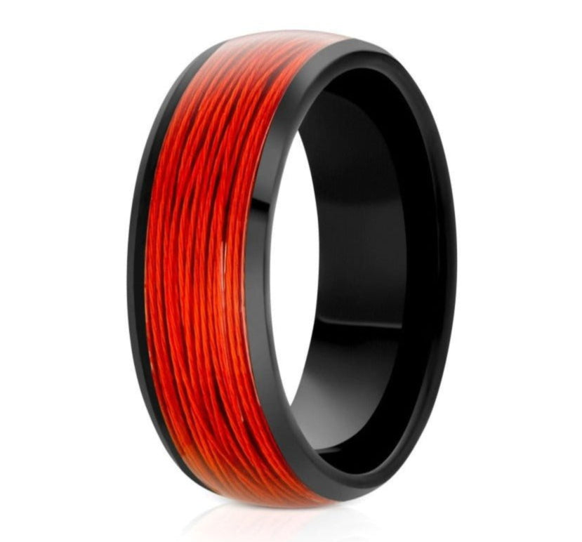 The Cosmo, a 8mm black tungsten ring with a polished finish and red rolled wire inlay.