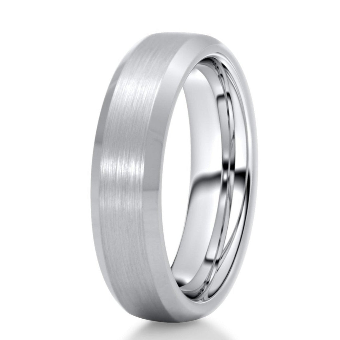 The Crator, a silver tungsten wedding band or anniversary gift that has a brushed center with polished edges. 