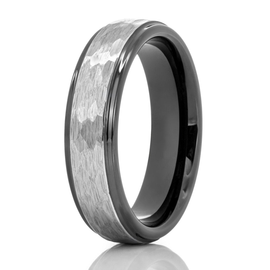 The Creed, a 6mm black and silver tungsten carbide ring that features a silver brushed and hammered center paired with sleek, polished black edges and band.