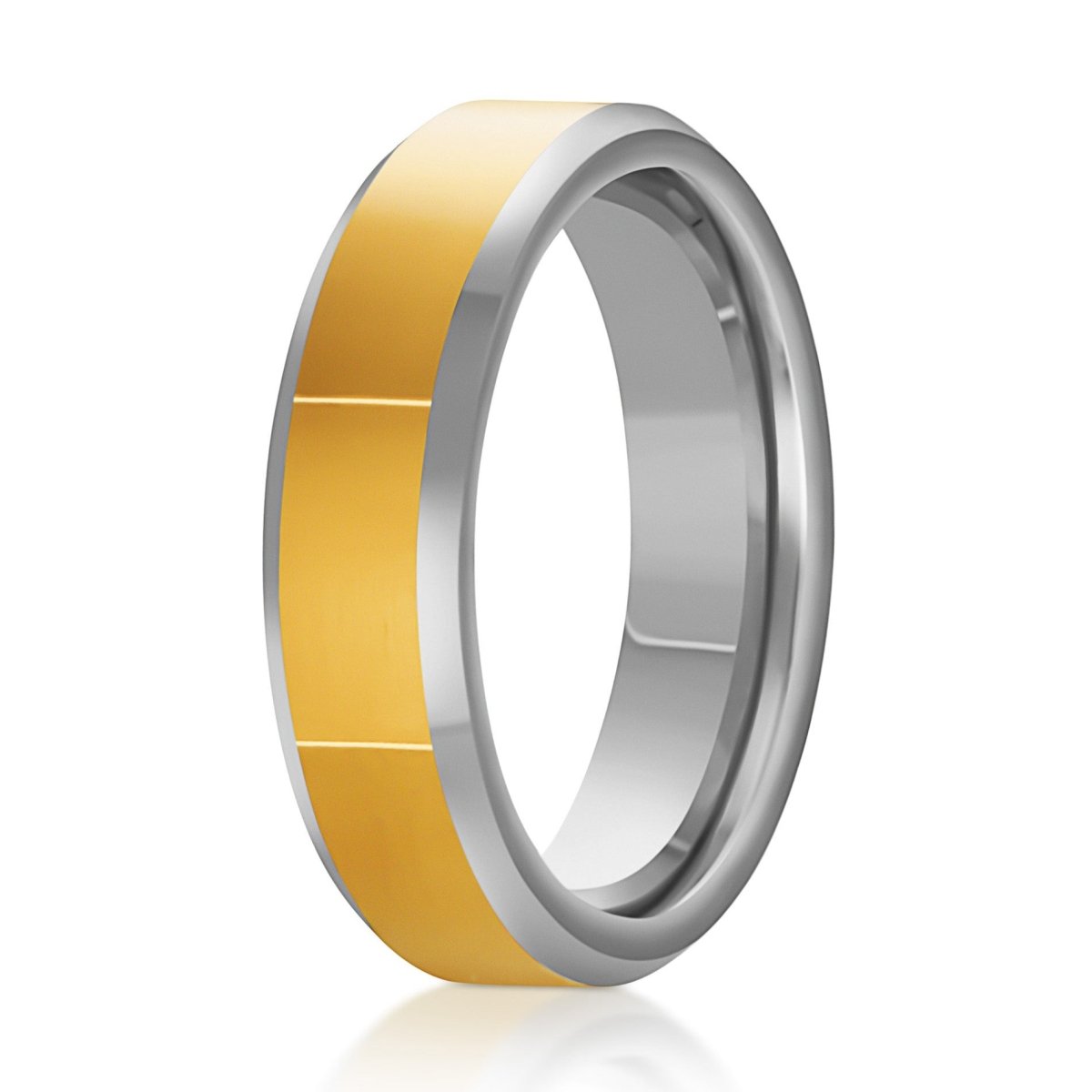 The Crest, a 6mm gold and silver tungsten scratch-resistant ring with a polished finish that features the warm gold center with silver edges.