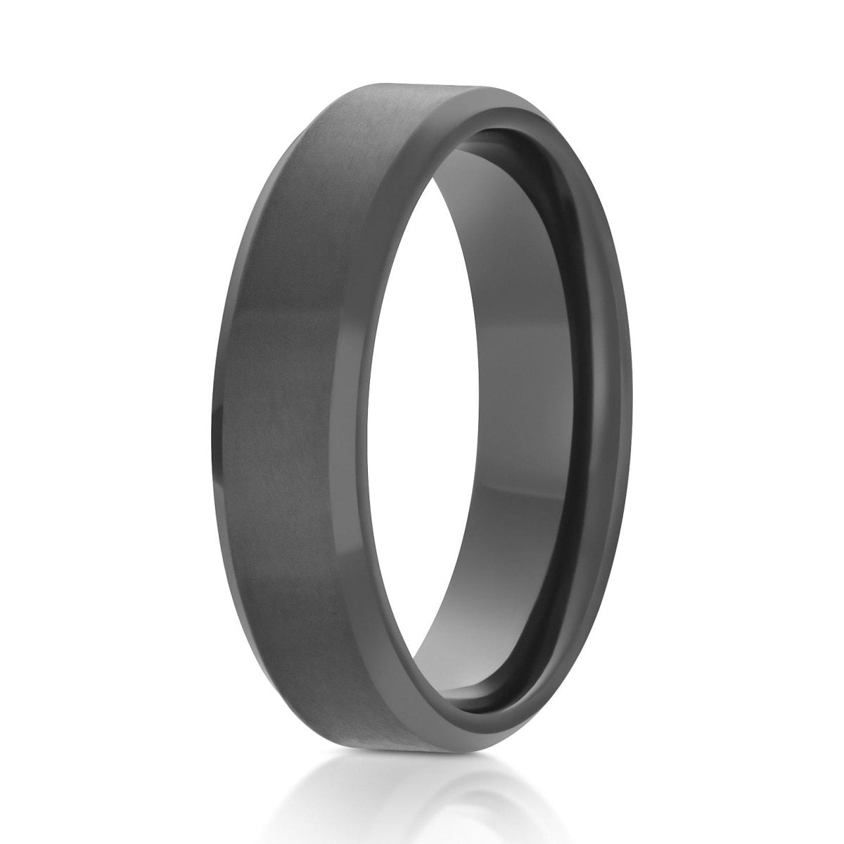 The Crestfall, a 6mm gray zirconium ring that features a brushed center and polished beveled edges.