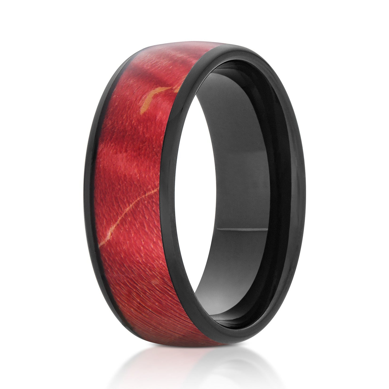 The Crimsonwood, a 8mm black tungsten ring with a polished finish and a burgundy dyed wood inlay.