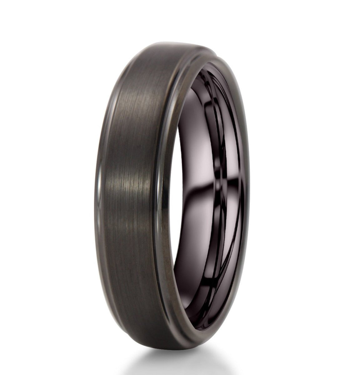 The Cronus, a bold black tungsten carbide ring that features a brushed center with polished beveled edges on a white background.